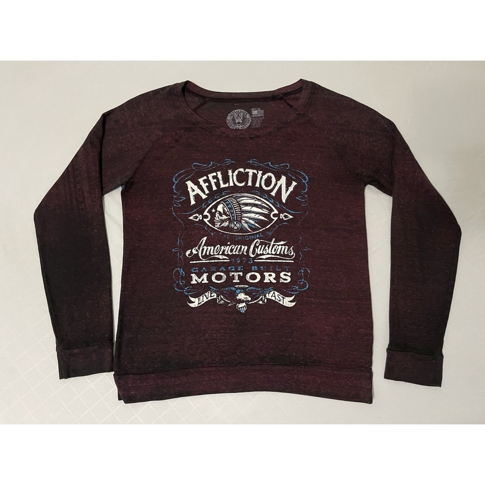 Womens Affliction Long Sleeve Shirt Burgundy Skull Medium American Customs